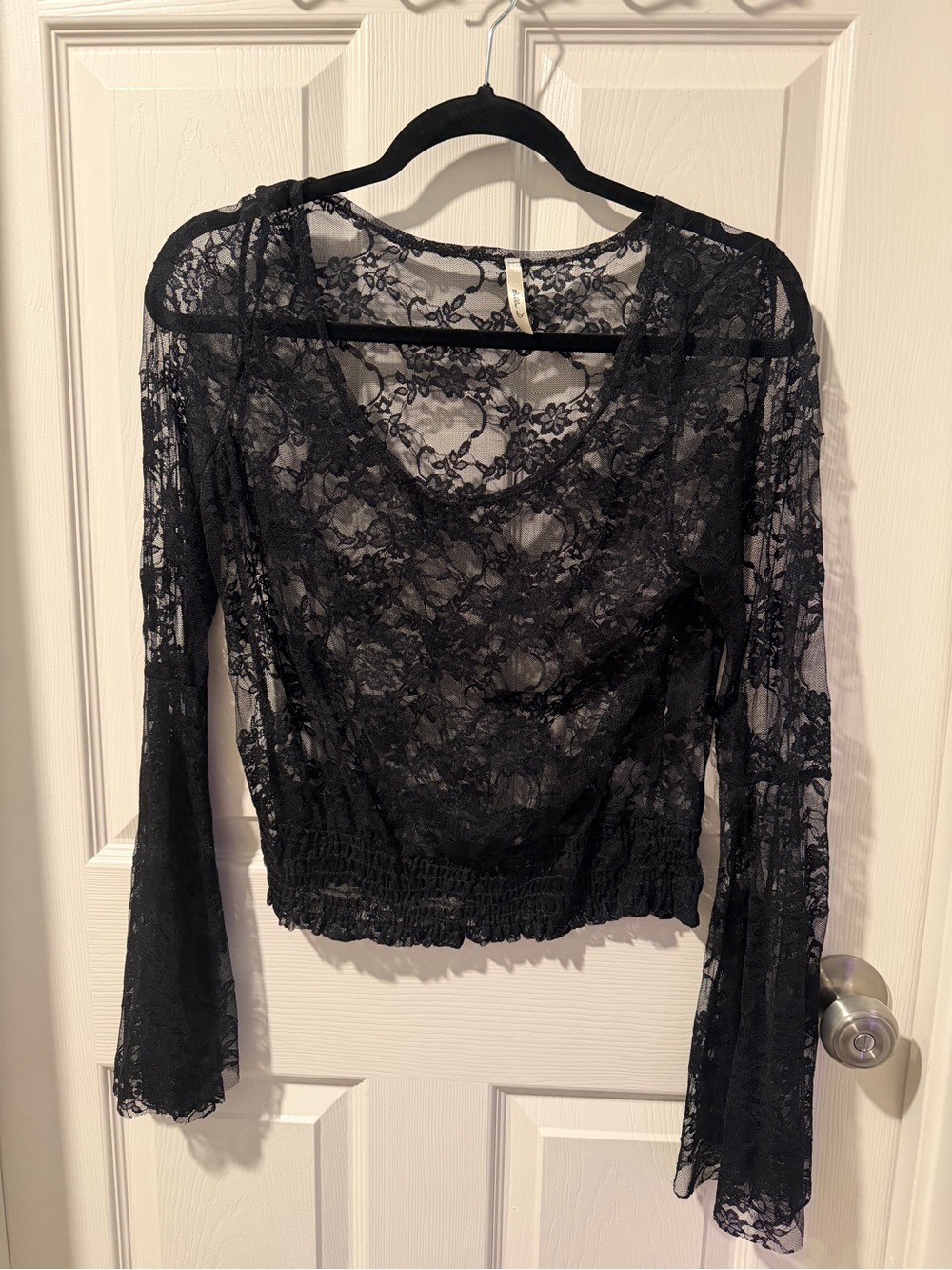 Bella D. Black Floral Lace Long-Sleeve Sheer Blouse